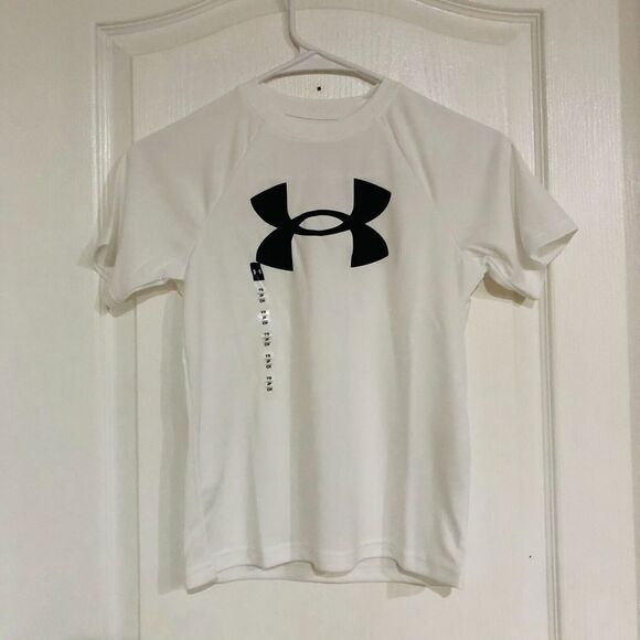 Boys 8-20 Under Armour Big Logo Tech Tee Loose Fit Crew Neck White Medium NWT - Picture 2 of 5